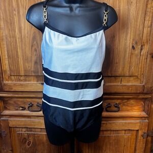 Crossing Pointe Womens One Piece Swimsuit Black White Gold Chain Straps Size 12